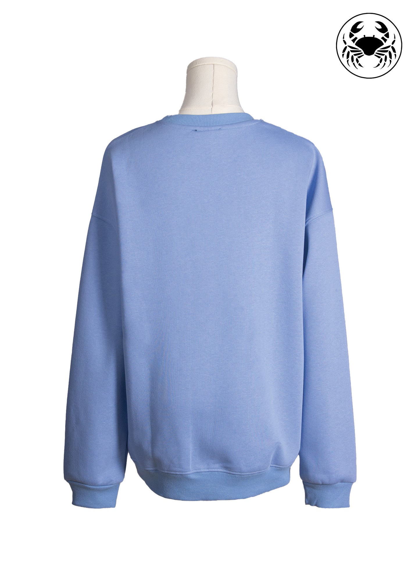 Back view of pastel blue sweatshirt, cartoon banana and “I’m Bananas For You!” embroidered design on front, cute Canadian apparel