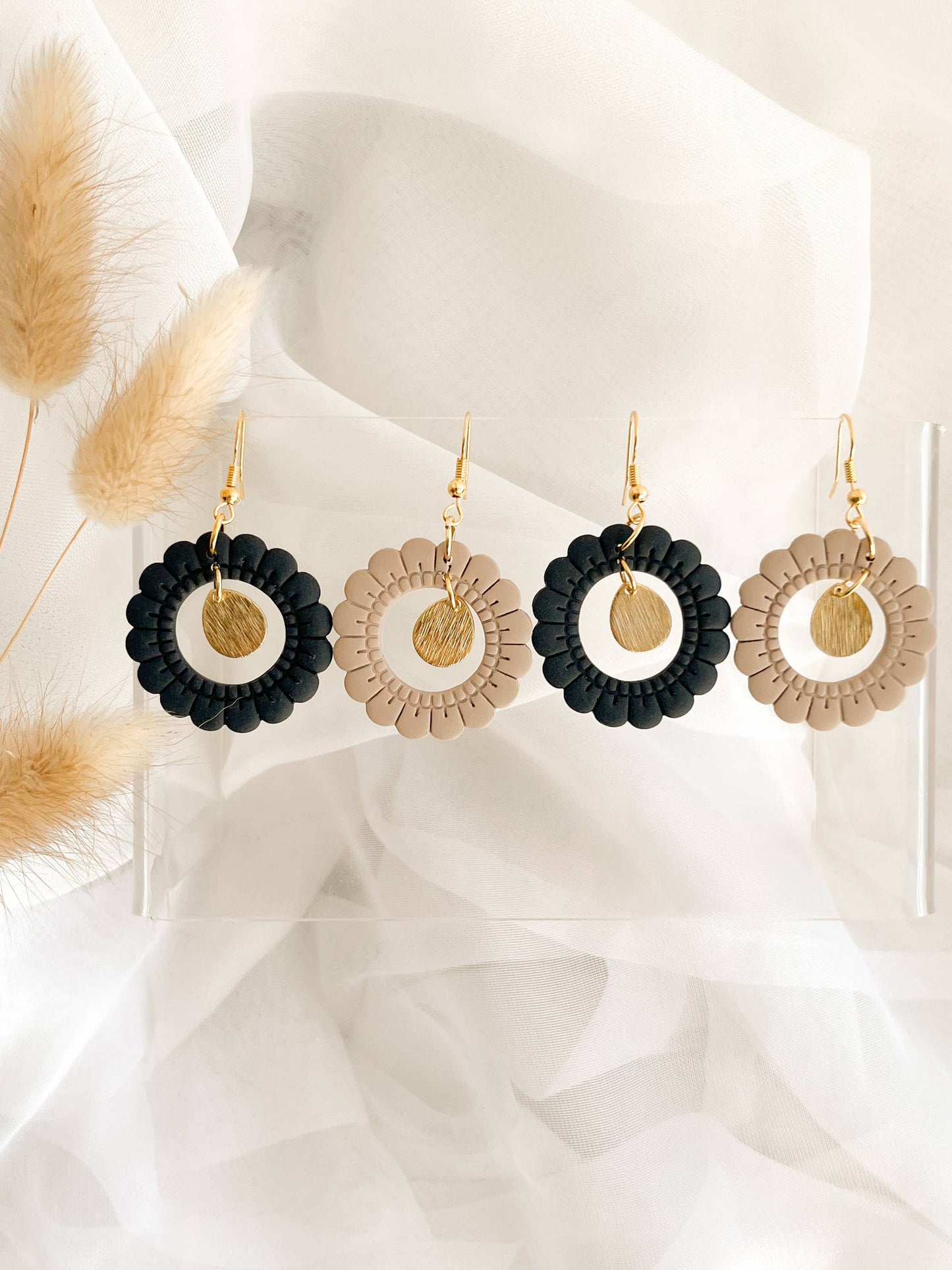 Amy clay dangle earrings in black and beige, minimalist Canadian handmade jewellery