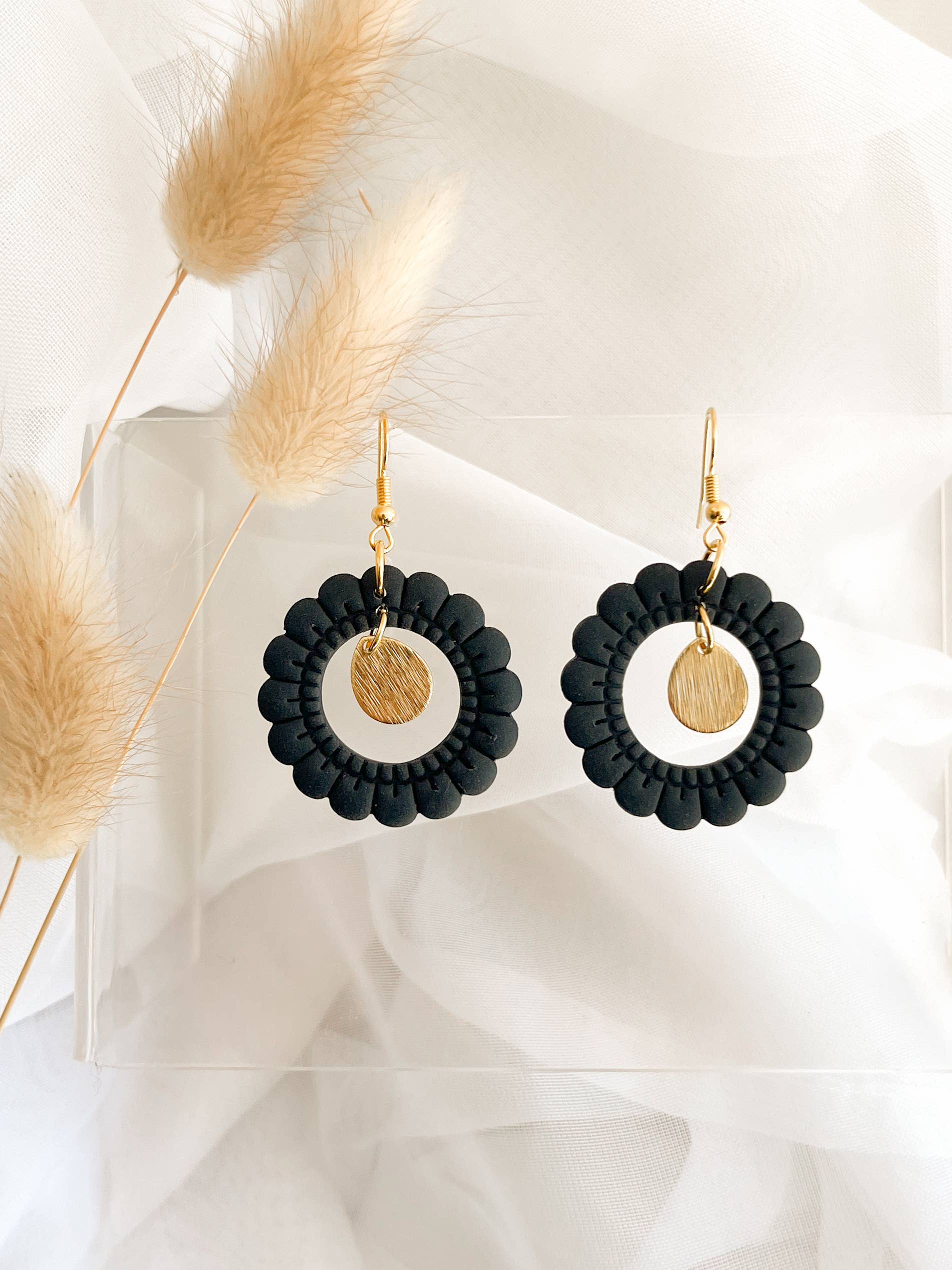 Amy clay dangle earrings in black, minimalist Canadian handmade jewellery