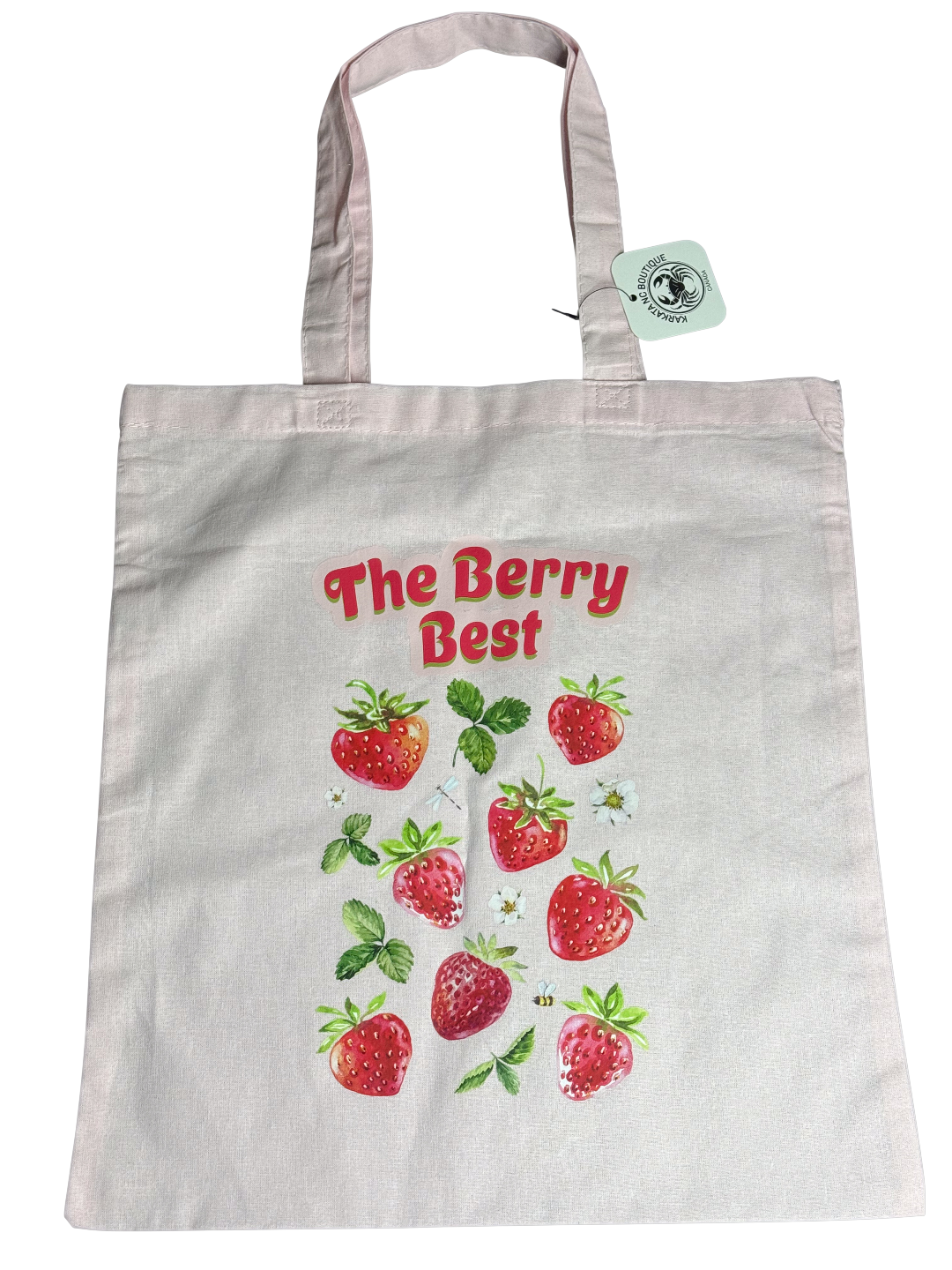 image of white tote bag with "The Berry Best" printed on it
