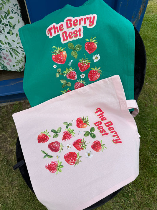 image of two tote bags laying flat with "The Berry Best" Text Printed on them