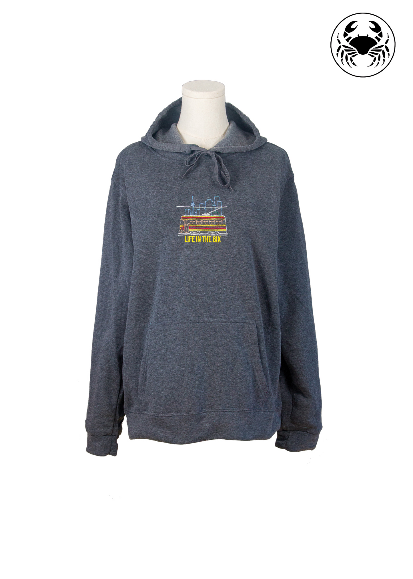 Front view of Toronto Skyline Streetcar embroidered Hoodie grey –  streetcar, city skyline, CN Tower, and "Life in the 6ix" text