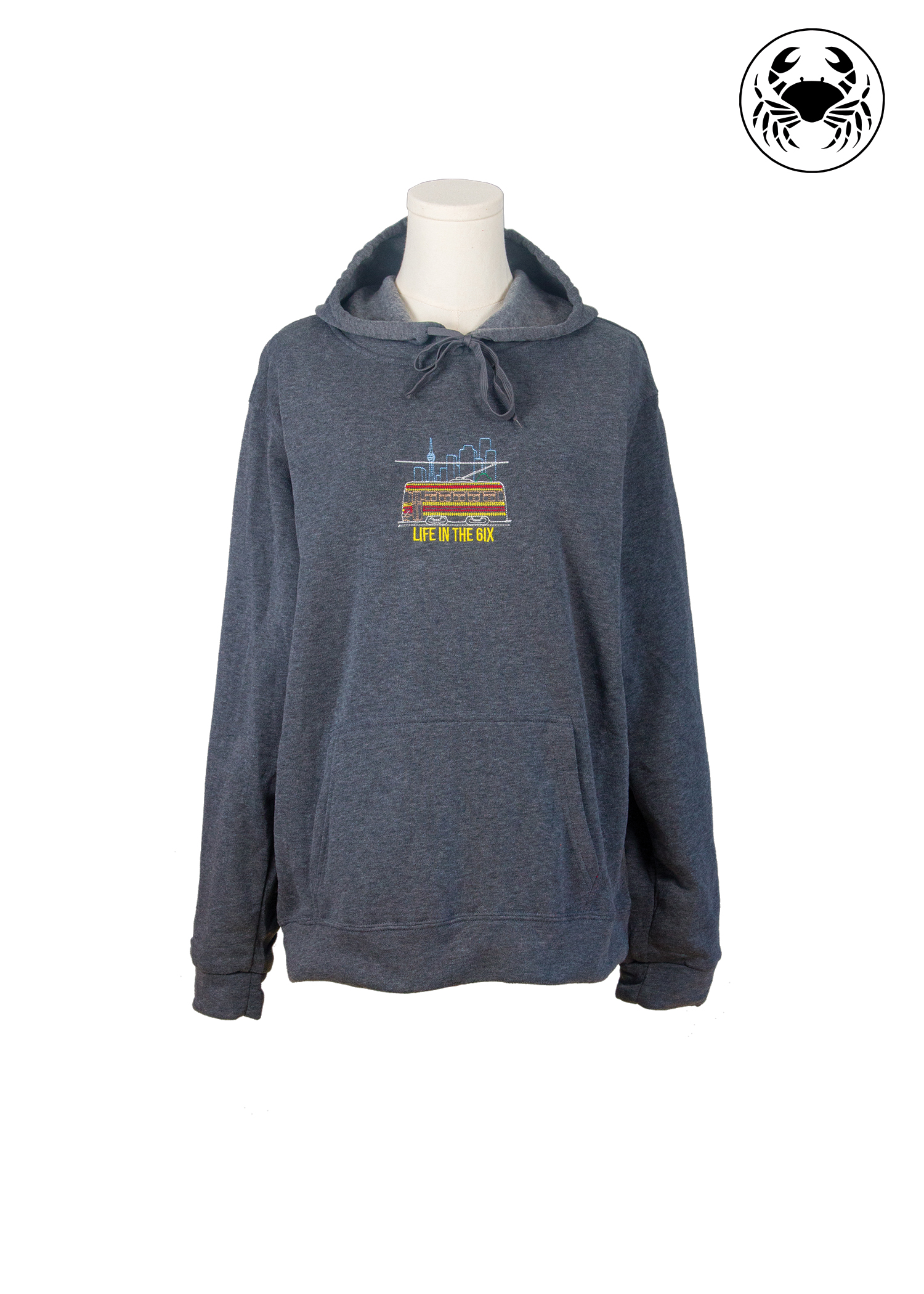 Front view of Toronto Skyline Streetcar embroidered Hoodie grey –  streetcar, city skyline, CN Tower, and "Life in the 6ix" text
