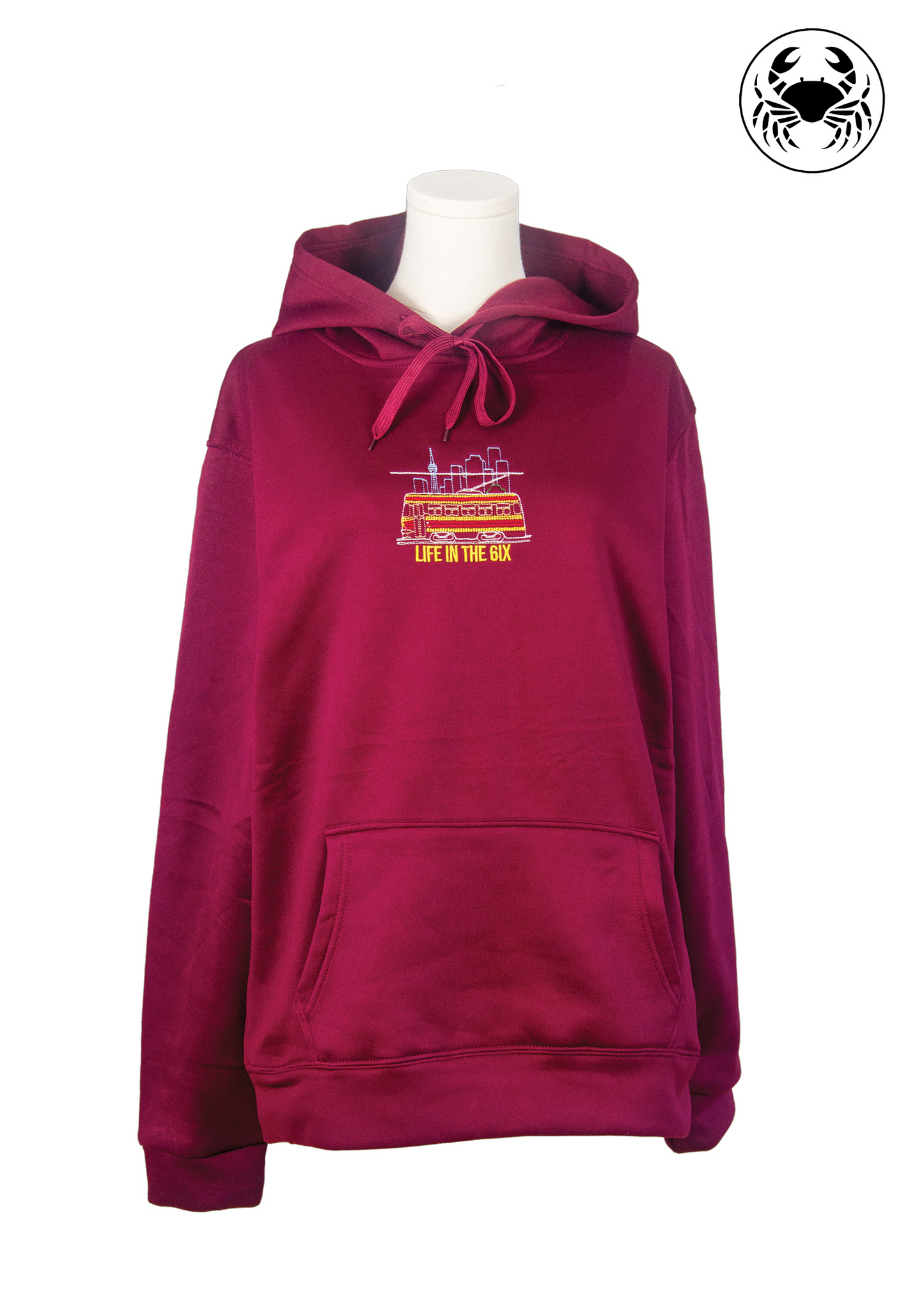 Front view of wine red Toronto Skyline Streetcar embroidered Hoodie  –  streetcar, city skyline, CN Tower, and "Life in the 6ix" text