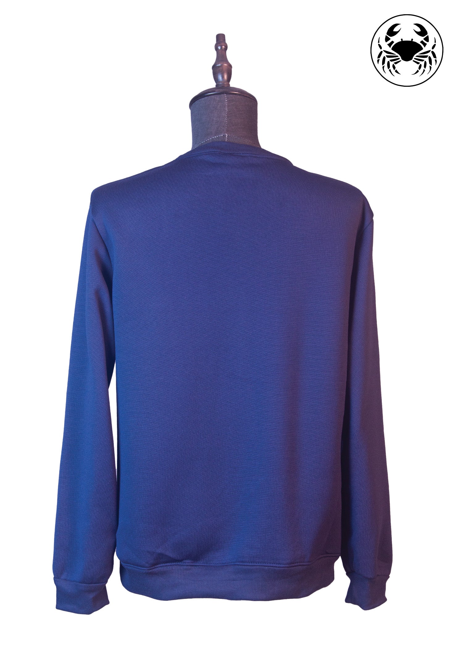 Back view of blue sweatshirt with "The True North Strong And Free" embroidered on the front