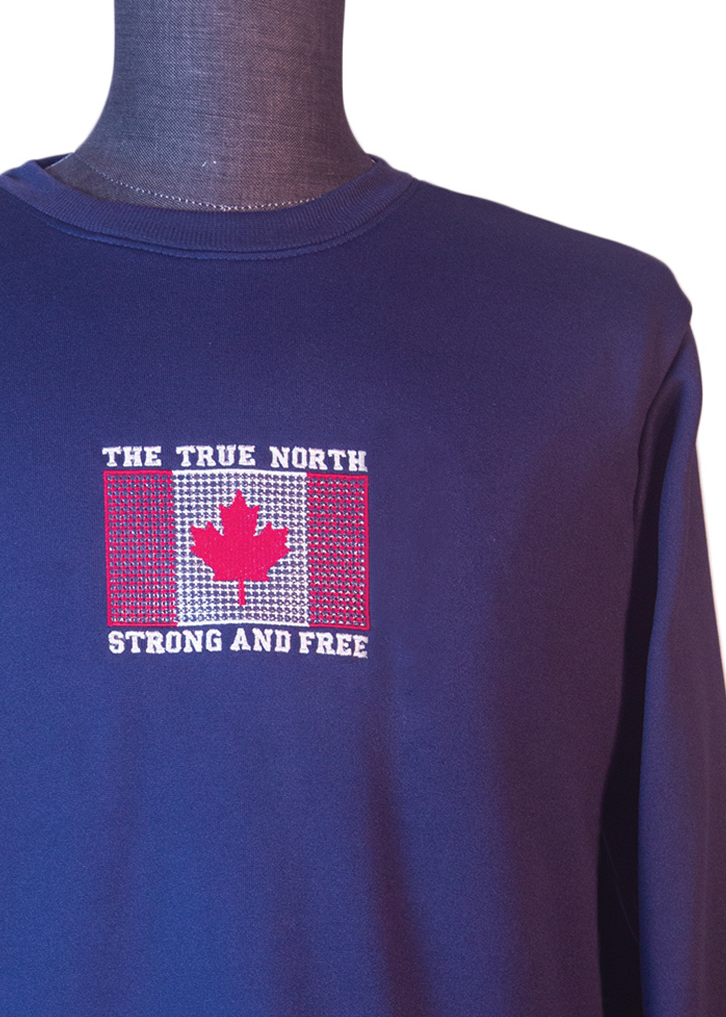 closeup view of blue sweatshirt with "The True North Strong And Free" embroidery