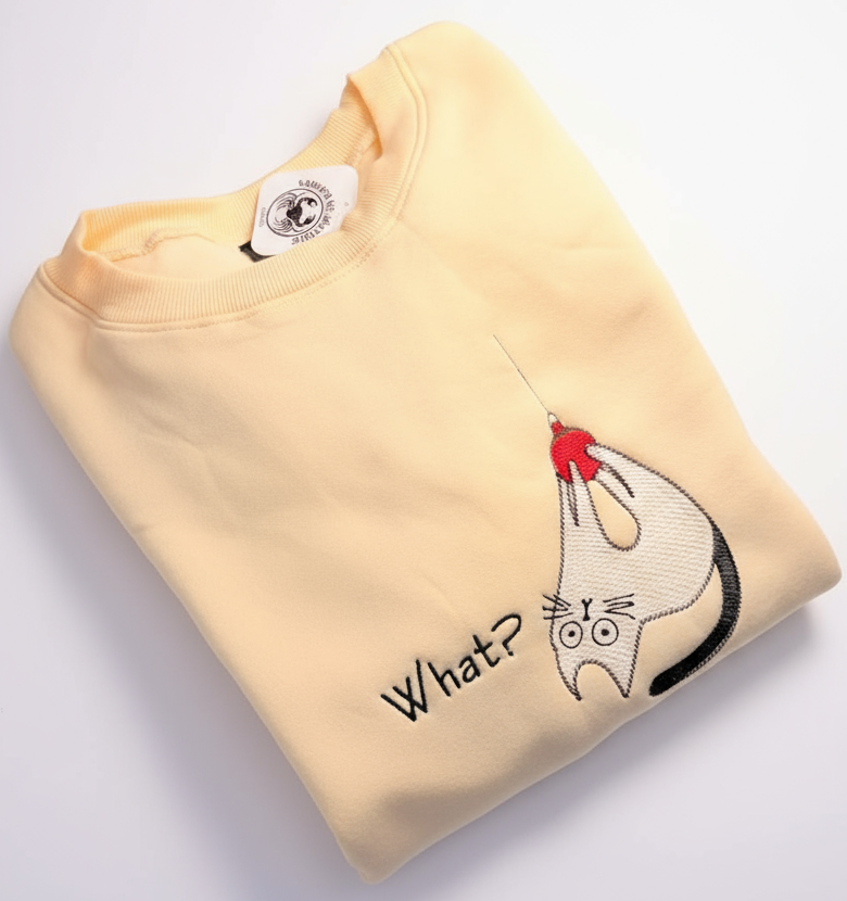front view of Embroidered Sweatshirt with cat embroider and "What?" text
