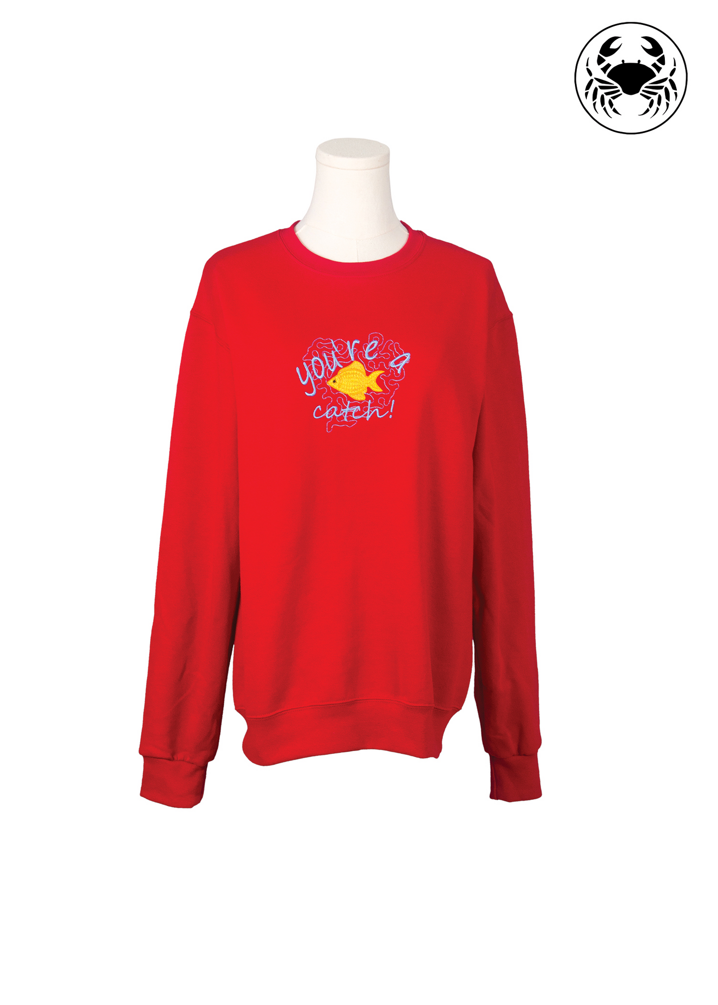 Front view of red “You Are a Catch” embroidered sweatshirt featuring a playful design and cozy fleece fabric for everyday comfort