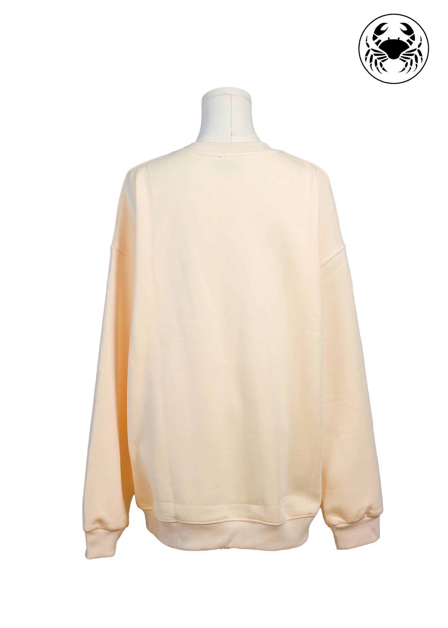 Back view of beige sweatshirt, wine glass and swirling vine embroidered design on front, wine lovers’ Canadian apparel