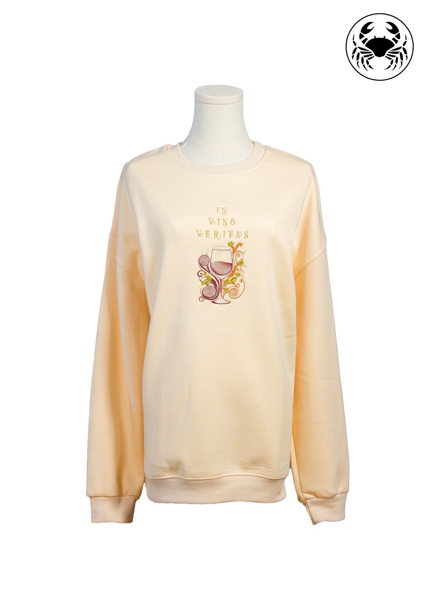 Front view of beige sweatshirt with embroidered wine glass and swirling vine design, wine lovers’ Canadian apparel