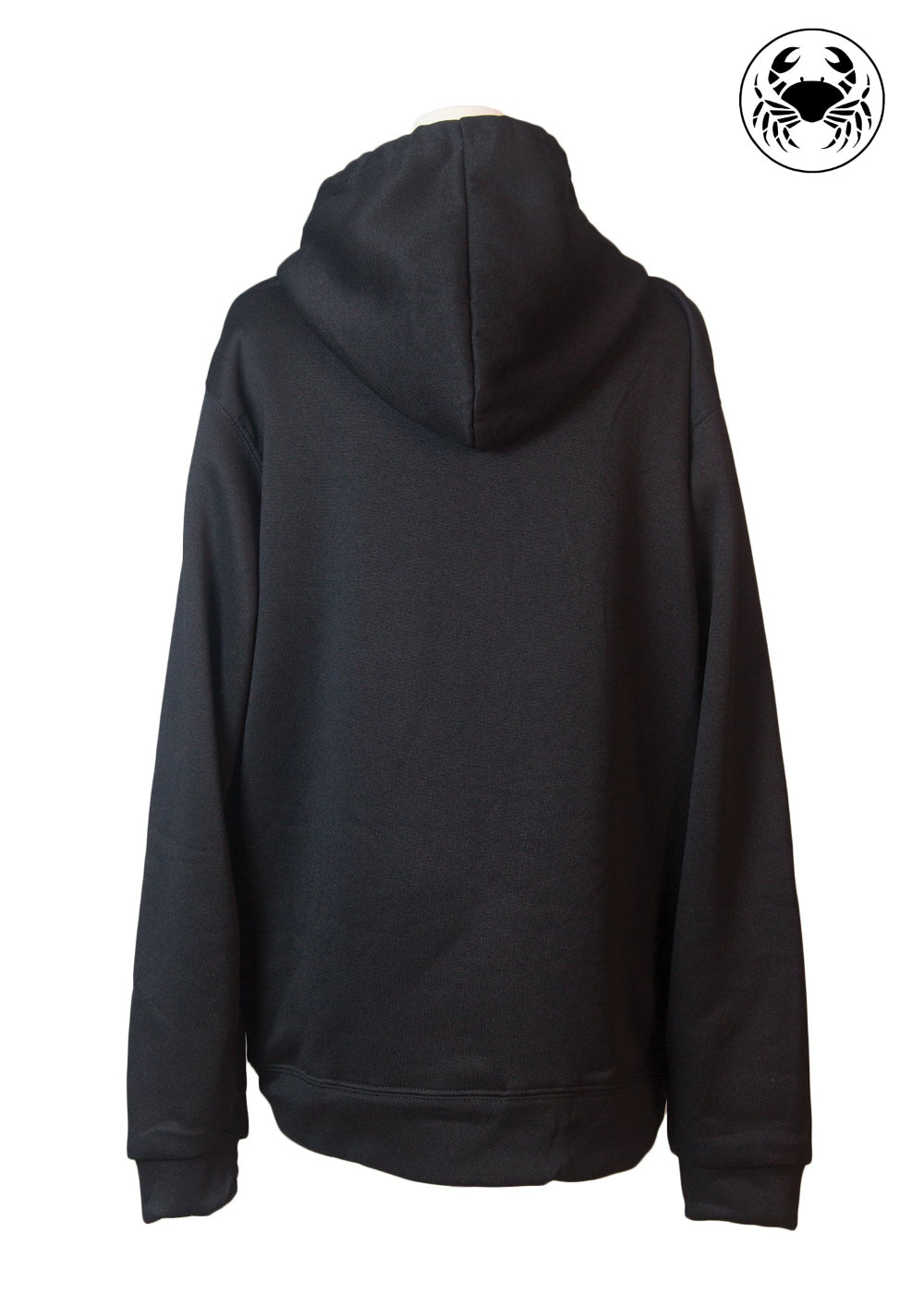 Back view of black embroidered hoodie with “All Is Fair in Love and Hockey” design, Canadian hockey apparel, unisex fit