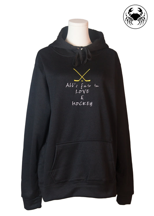Black embroidered hoodie with “All Is Fair in Love and Hockey” design, unisex fit, Canadian hockey apparel