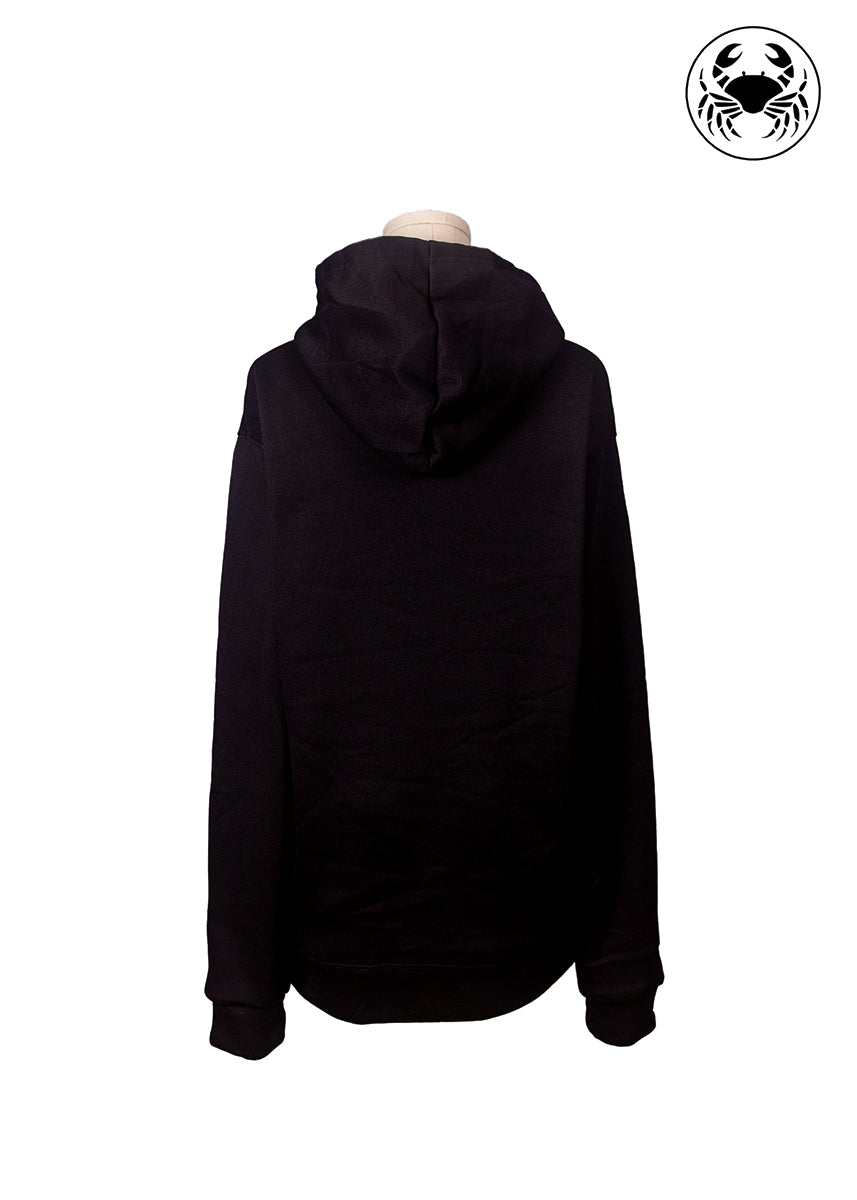 Back view of black hoodie, golden embroidered fairy and glowing cloud design on front, Canadian apparel