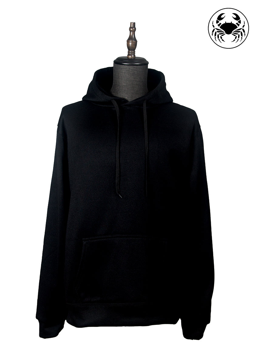 front view of Black hoodie featuring  gold dragon embroidery on the back, unisex streetwear fashion