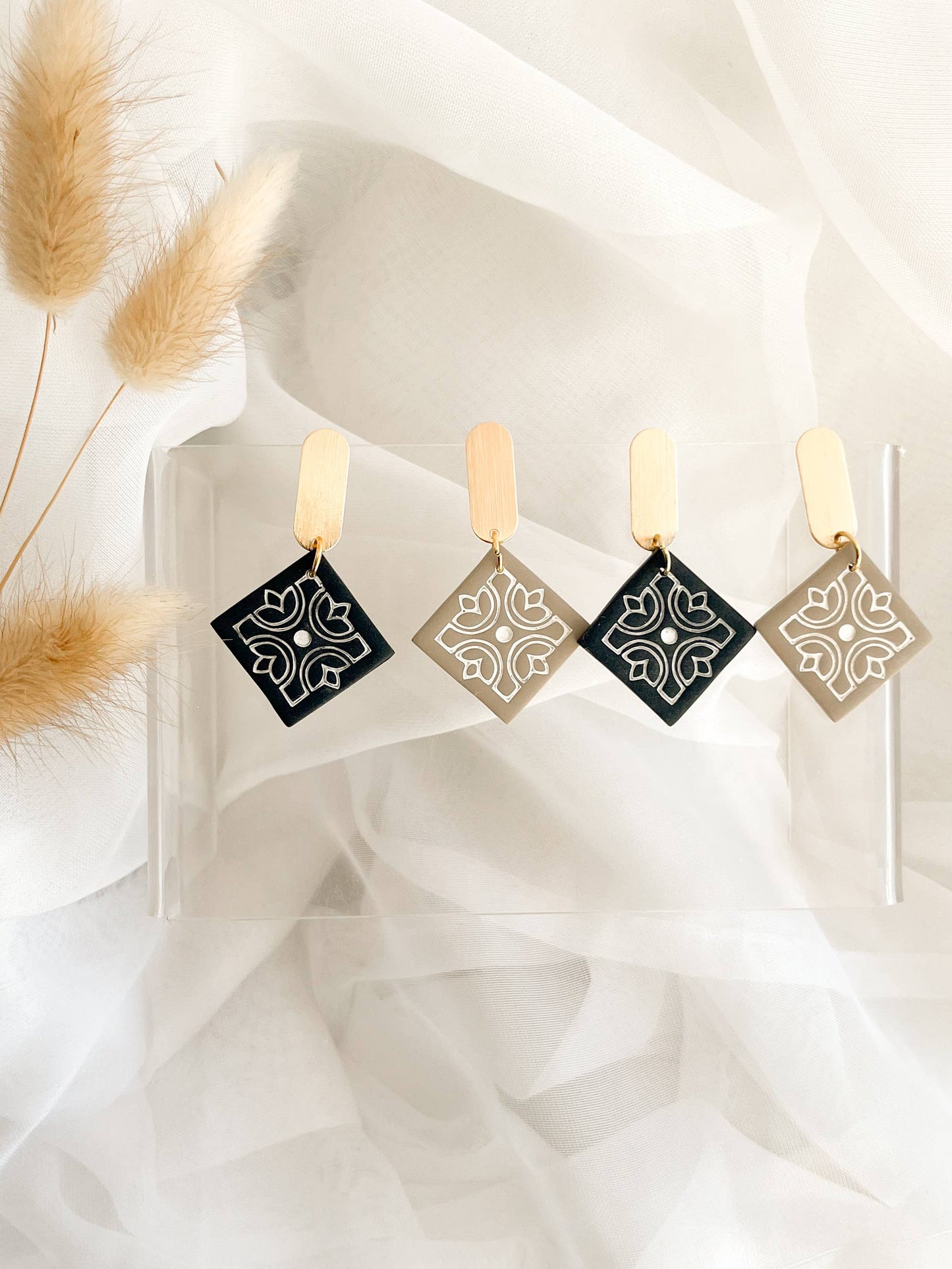 Boho-style polymer clay statement earrings, handcrafted design, comfortable and perfect for sensitive ears.