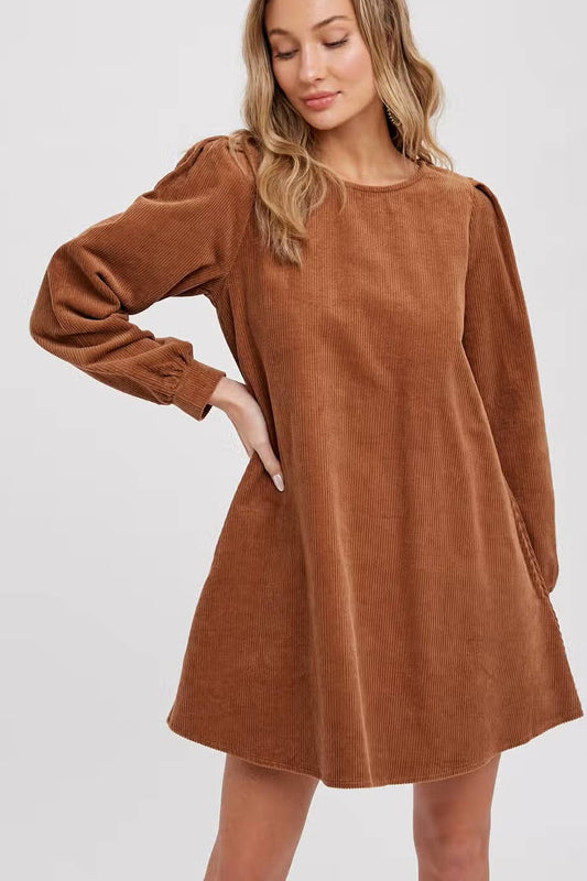 Women's camel corduroy dress with long balloon sleeves, cuffs, front view