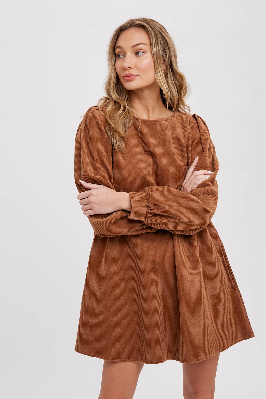 Women's camel corduroy dress with long balloon sleeves and side pockets