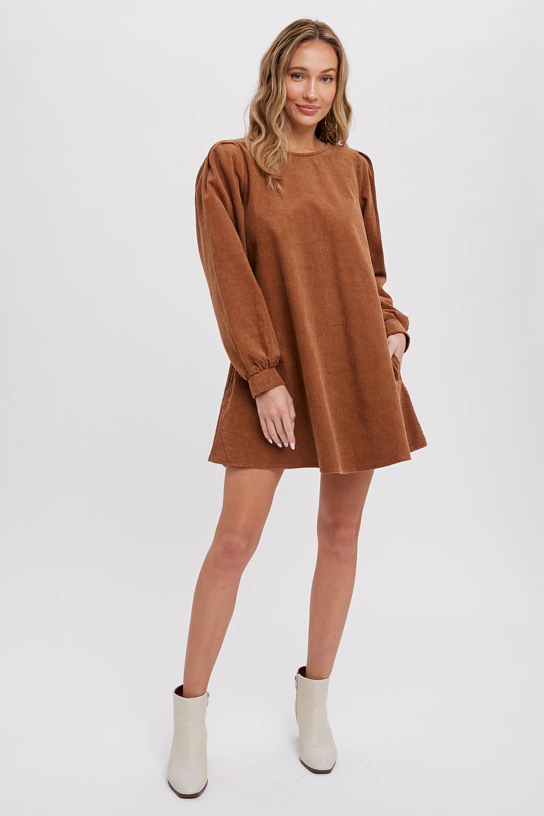 Women's camel corduroy dress with long balloon sleeves and side pockets