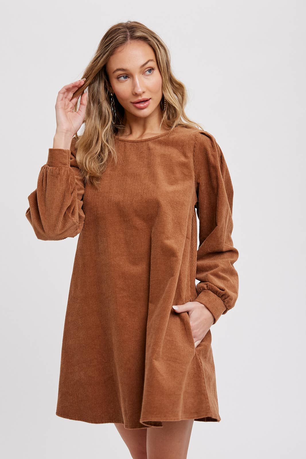 Women's camel corduroy dress with long balloon sleeves and side pockets wide view