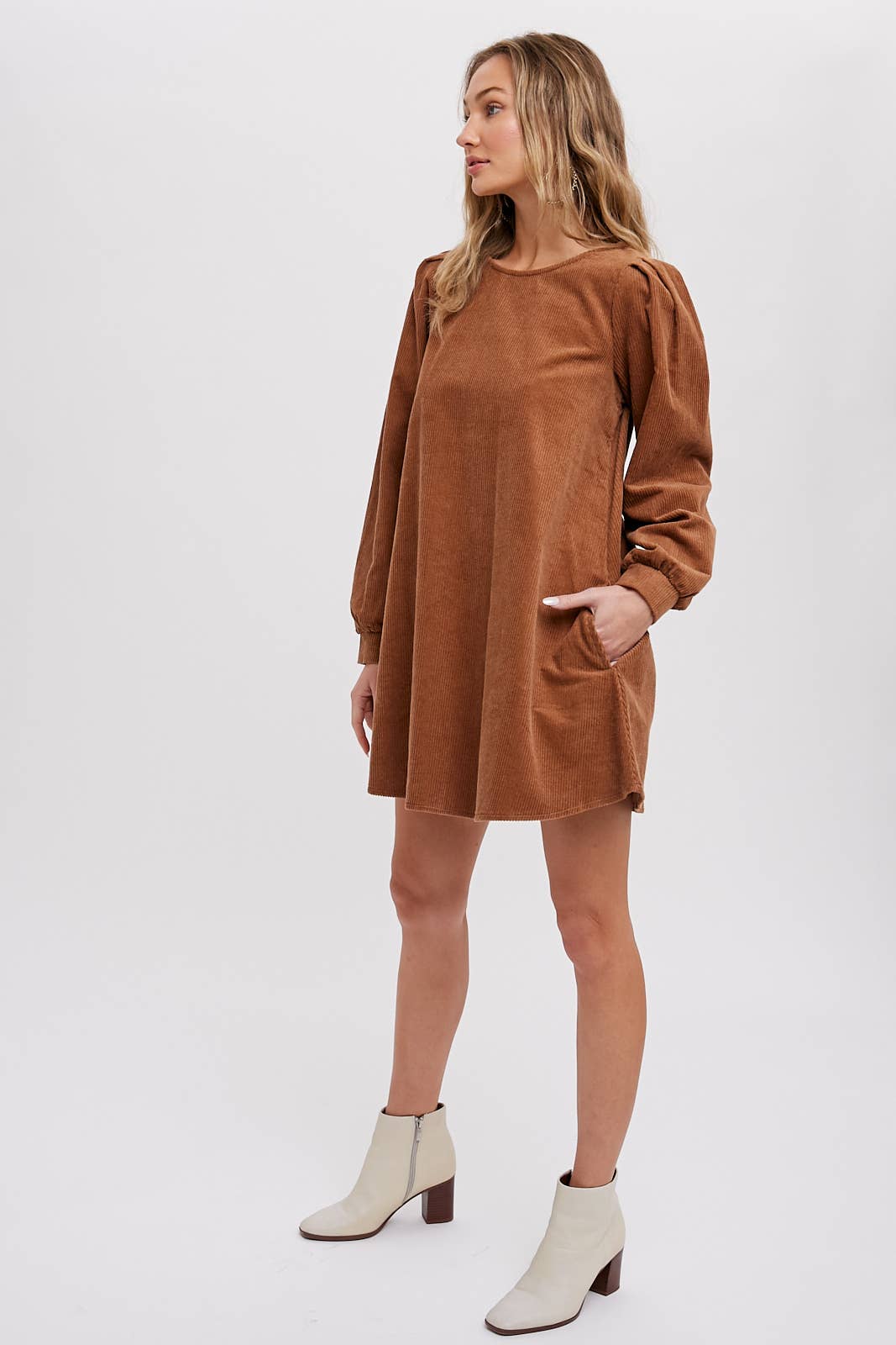 Women's camel corduroy dress with long balloon sleeves and side pockets
