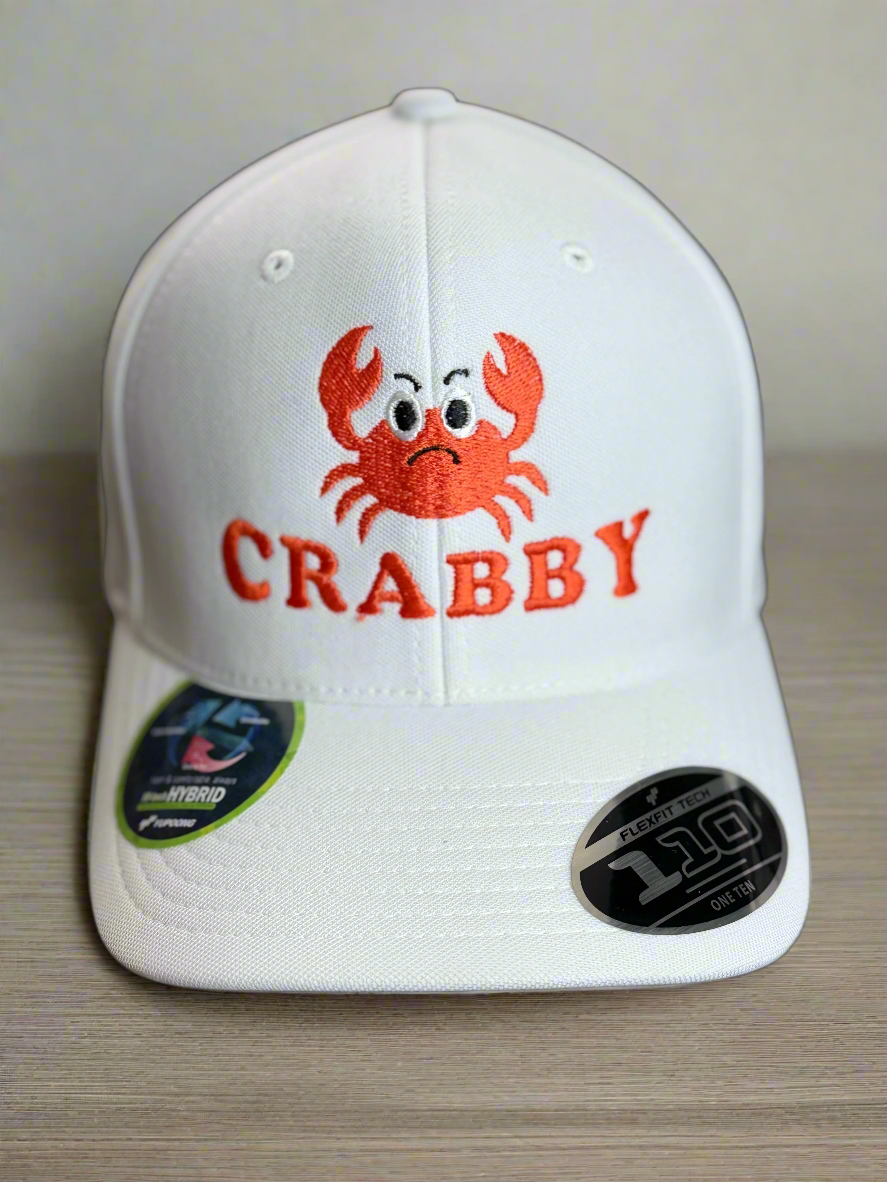 White structured hat with embroidered crab and “CRABBY” text