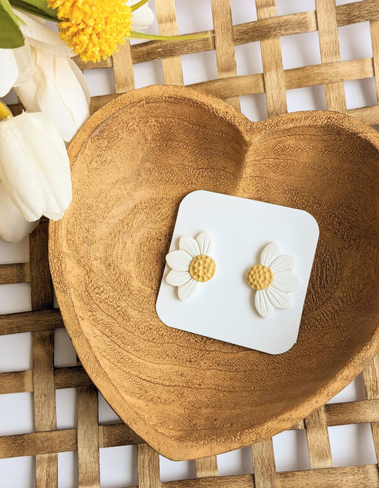 Pair of Daisy Large Clay Stud Earrings, featuring handmade white daisy flower studs with textured yellow centers
