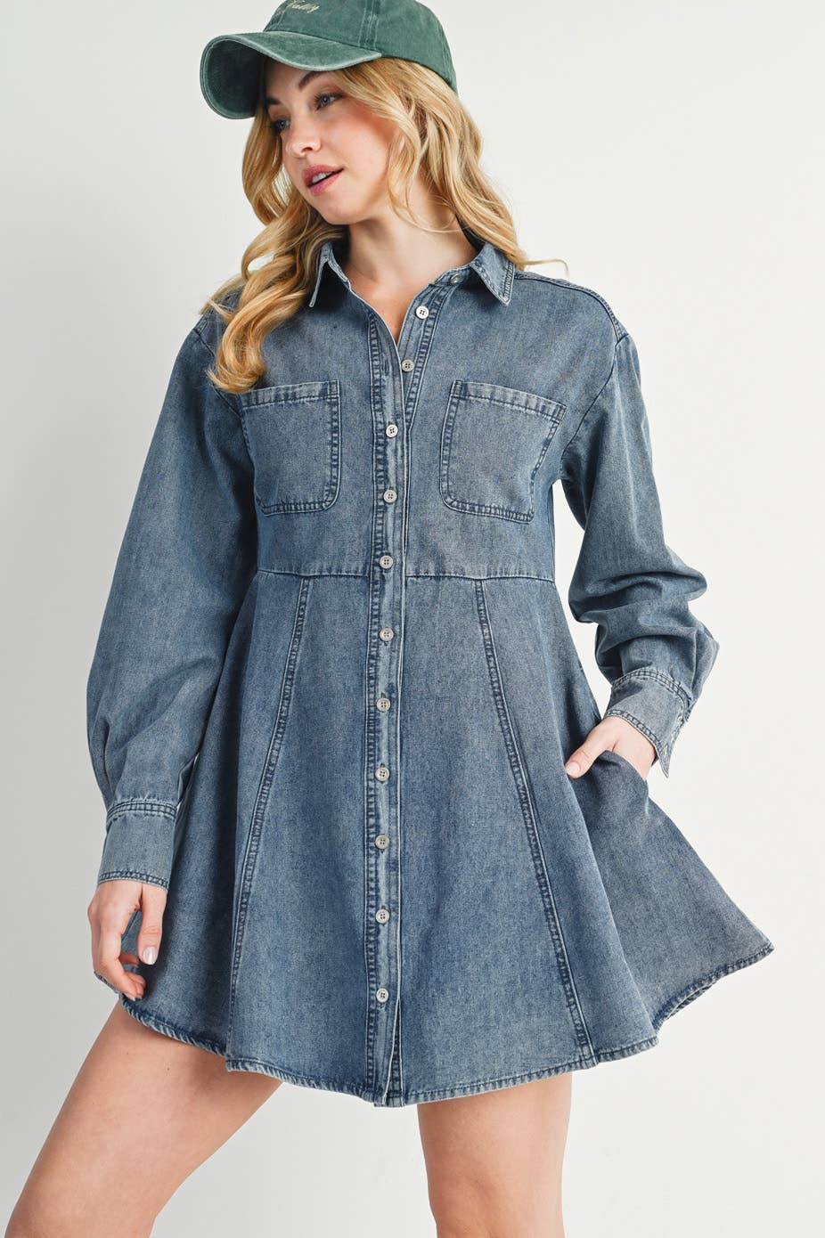 denim button down shirt A-line dress with long sleeves, front pockets, and flared skirt