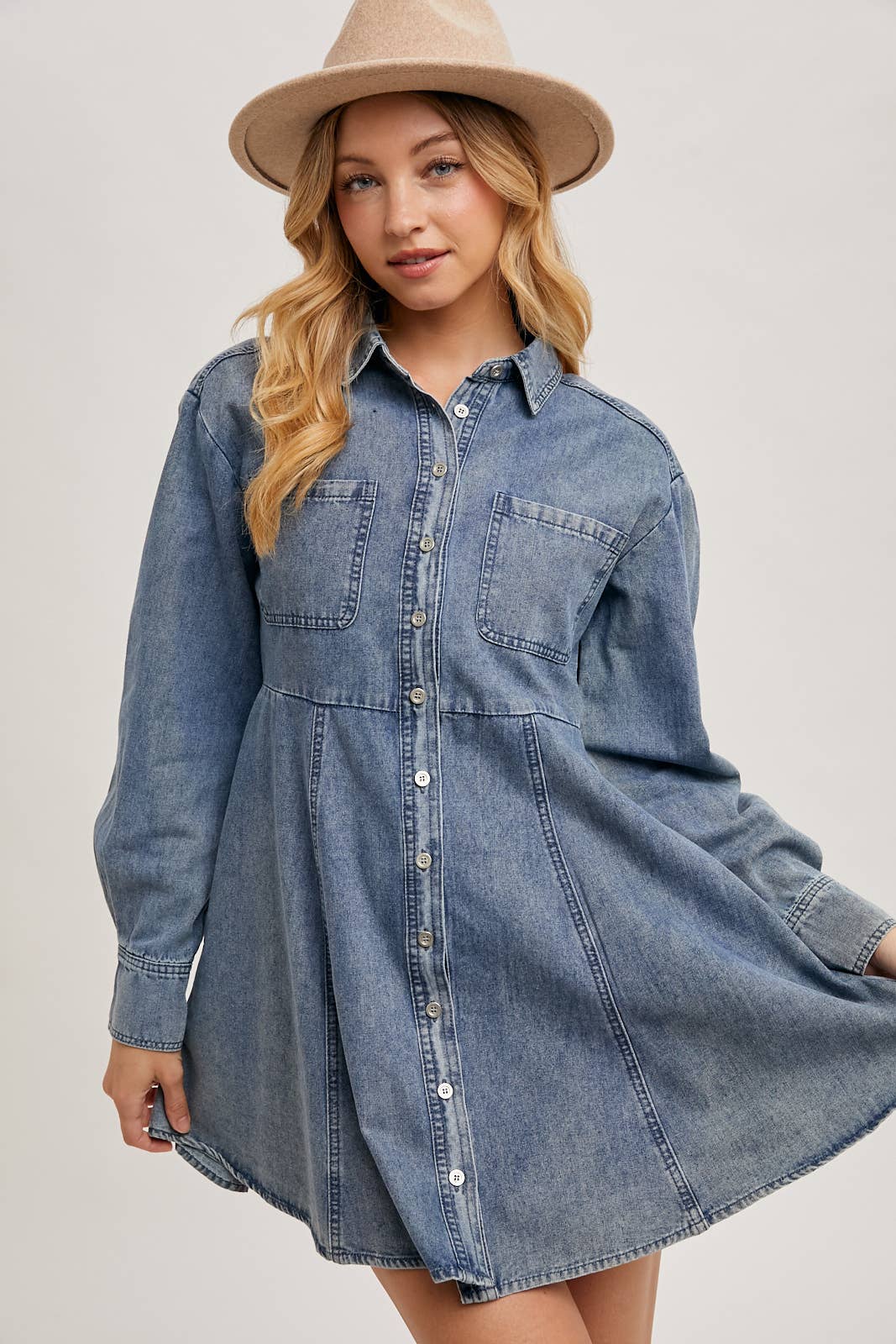 denim shirt dress front view with hat, side hand pose, long sleeve, casual fit