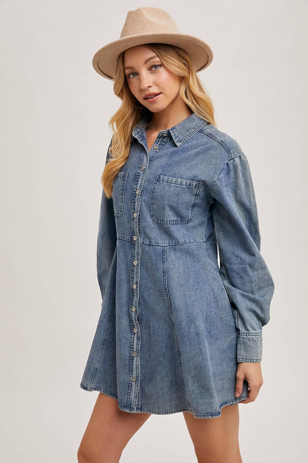 Front swinging pose of denim shirt dress casual wear