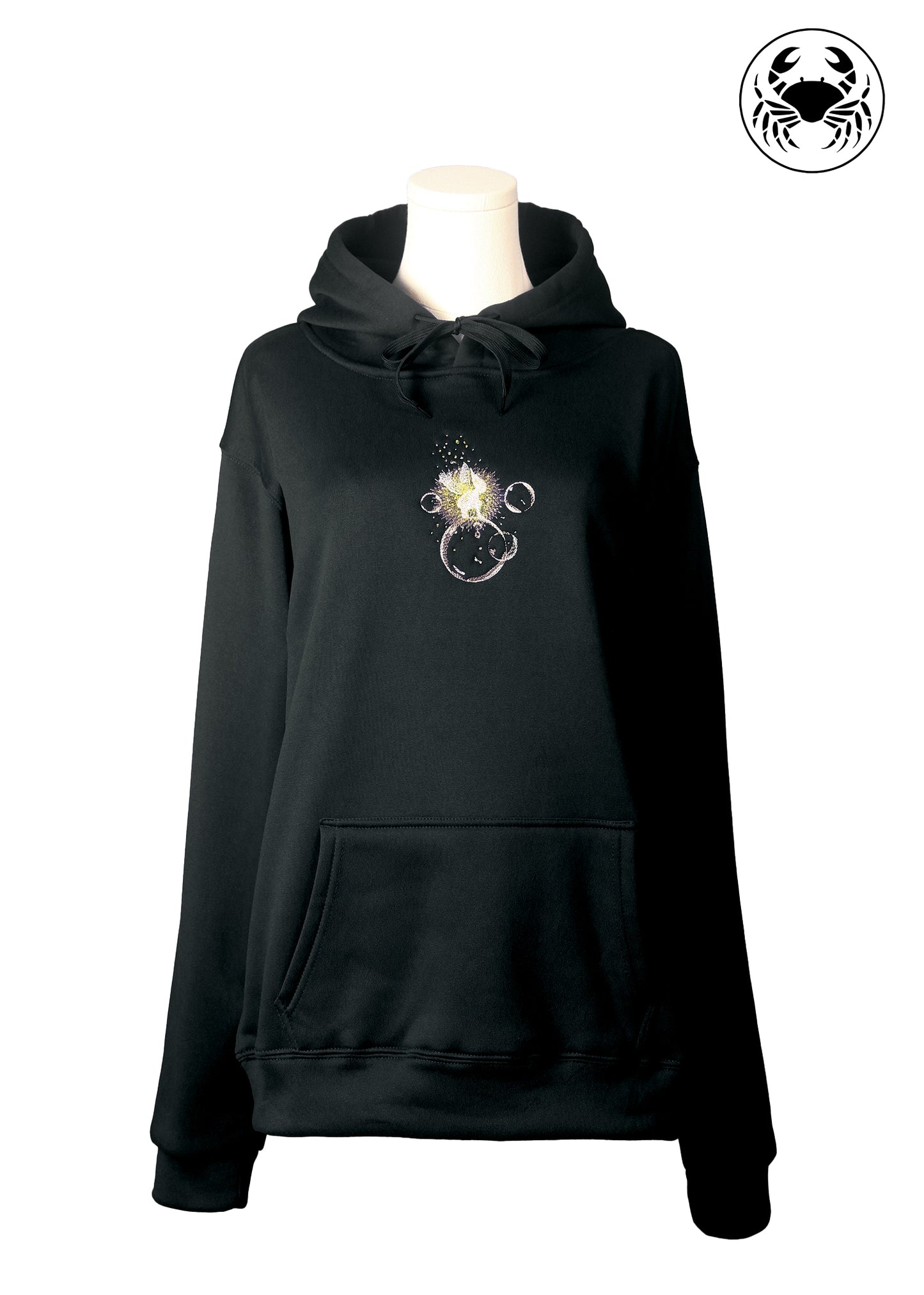 Front view of black hoodie with embroidered fairy sitting on bubbles, Canadian apparel