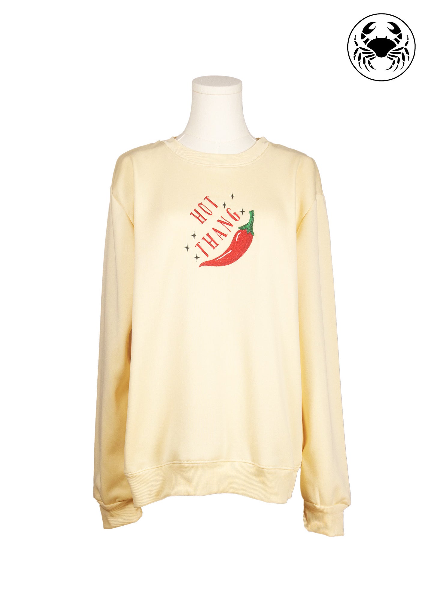 Front view of beige sweatshirt with red chili and “Hot Thang” embroidered design, Canadian apparel