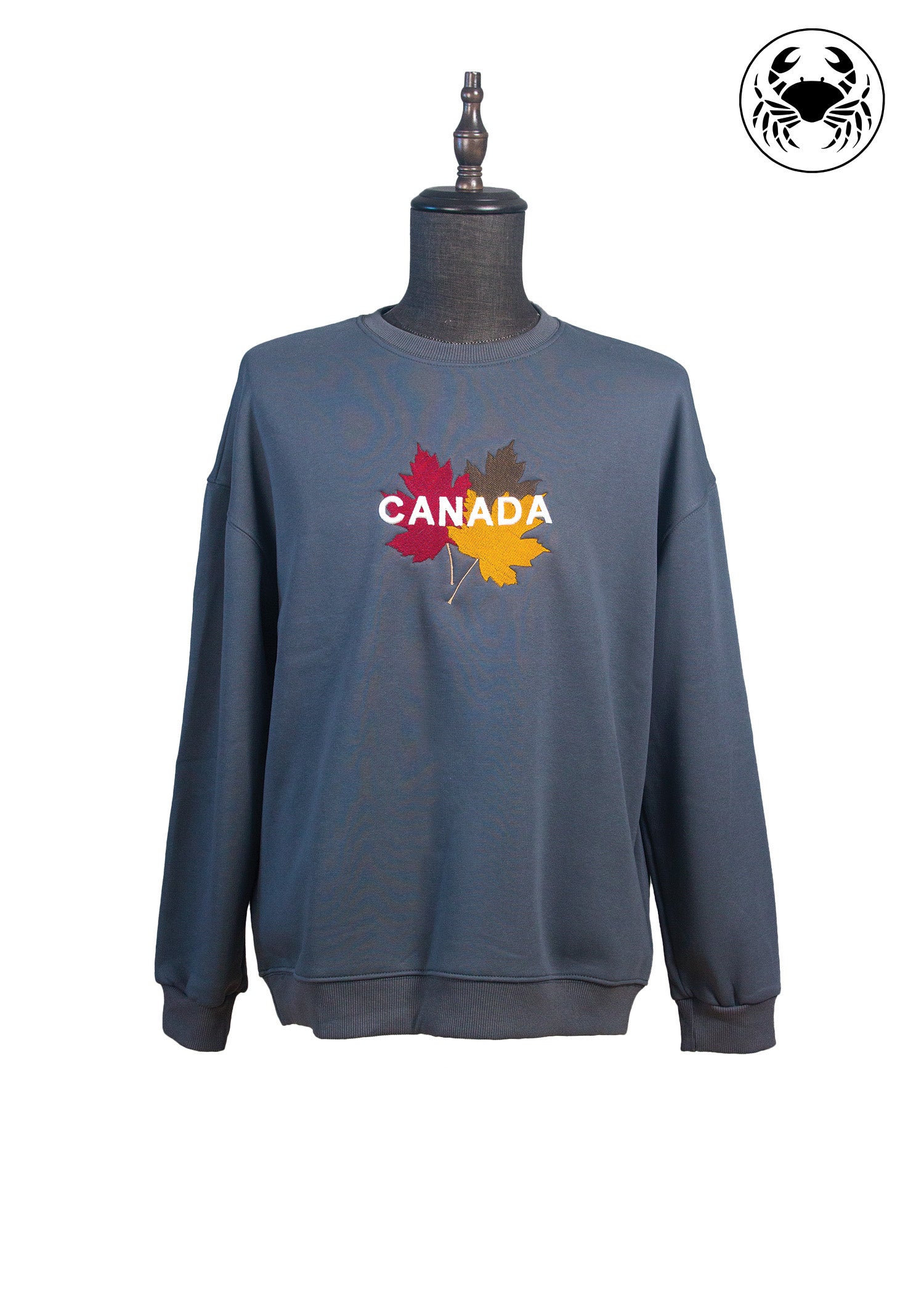 Front view of grey sweatshirt with 3D puff "CANADA"  Embroidery on fall color maple leaf 