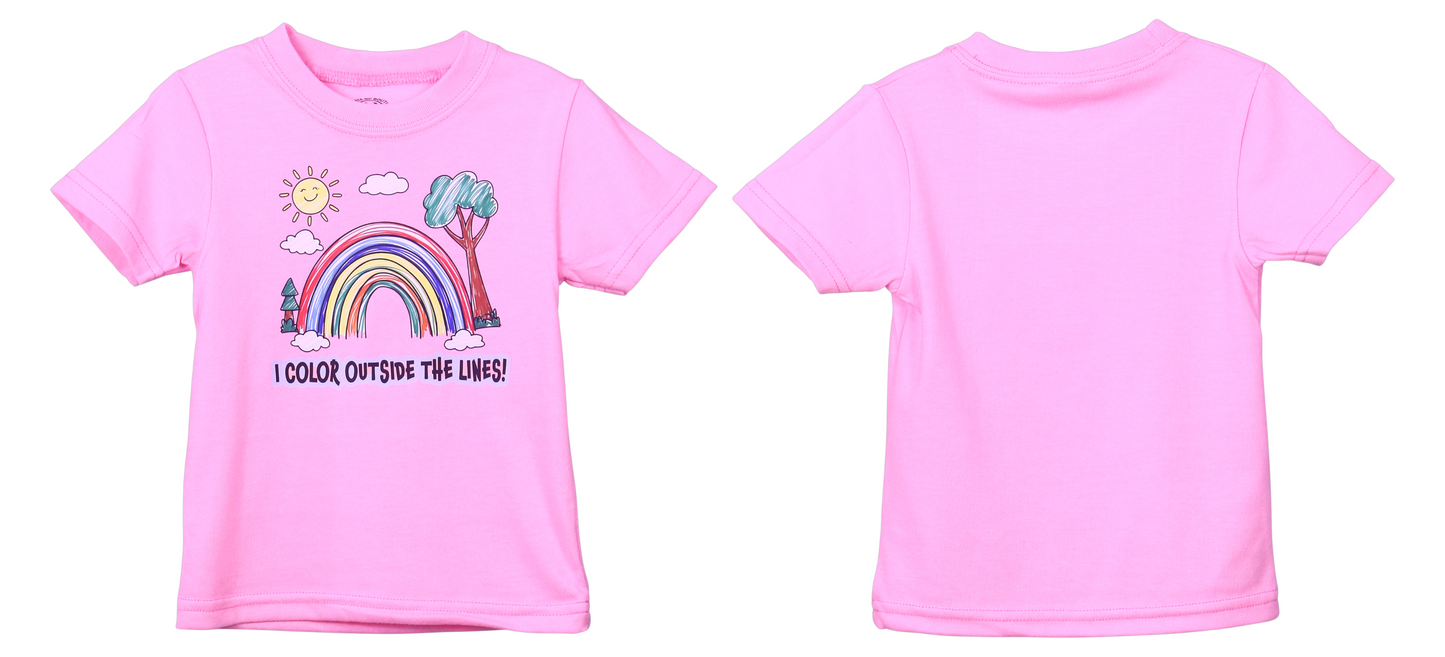 pink kids t-shirt with rainbow and “I Color Outside the Lines!” quote
