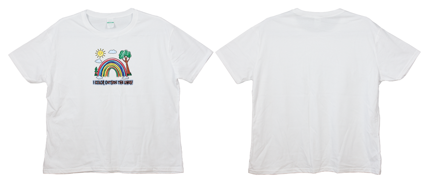 White adult T-shirt with a colorful rainbow, tree, sun drawing, and the quote "I Color Outside the Lines!"