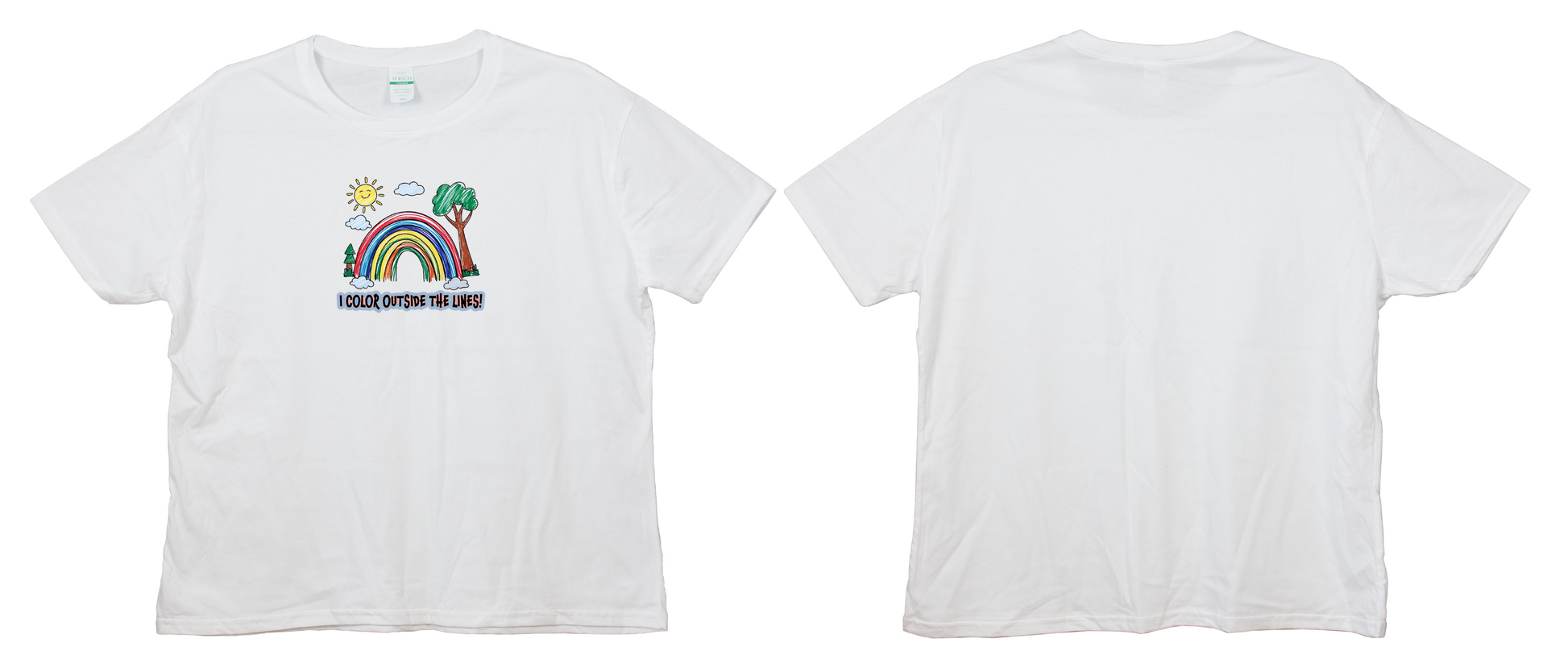 White adult T-shirt with a colorful rainbow, tree, sun drawing, and the quote "I Color Outside the Lines!"