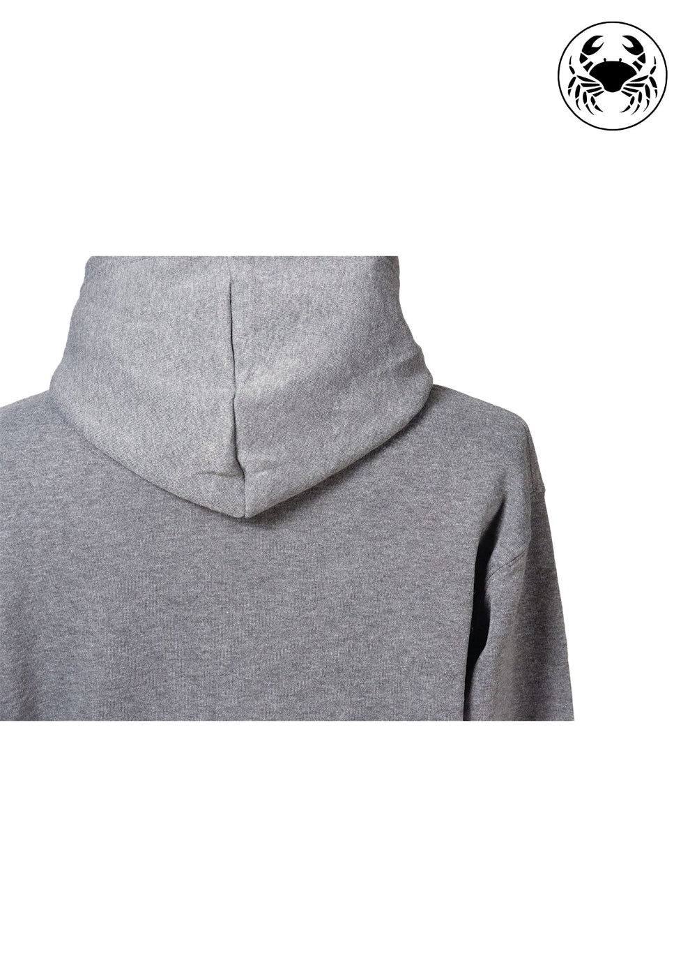 Back view of Unisex charcoal gray fleece hoodie with a front kangaroo pocket, drawstring hood, and a chest graphic featuring a mushroom and botanical leaves