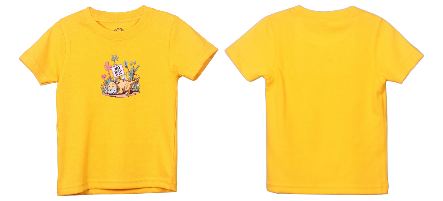 Yellow kids t-shirt featuring a laid-back cartoon dinosaur with a “No Nap Club” sign and floral details.