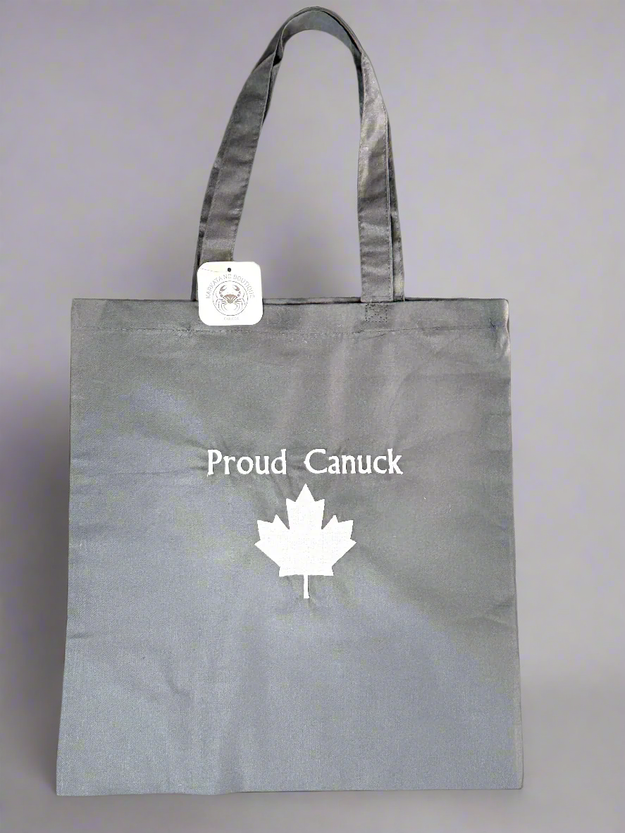 Grey embroidered tote bag with ‘Proud Canuck’ text and a white maple leaf design