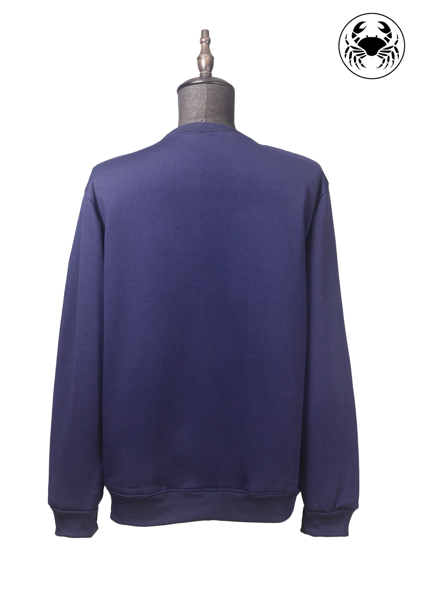 Back of Dark blue unisex sweatshirt with roaring cat design on the front, featuring a crew neckline and ribbed cuffs and hem