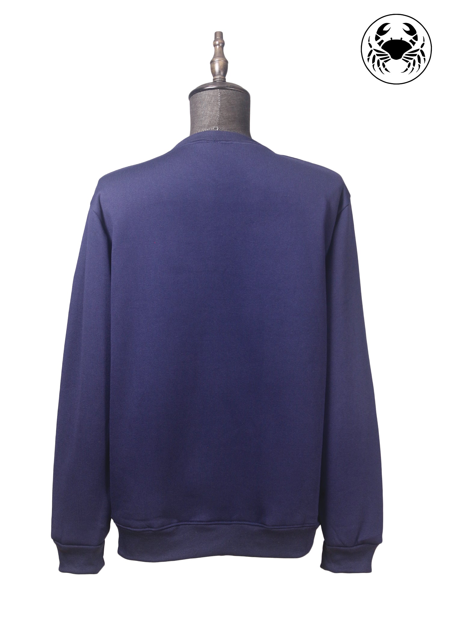 Back of Dark blue unisex sweatshirt with roaring cat design on the front, featuring a crew neckline and ribbed cuffs and hem