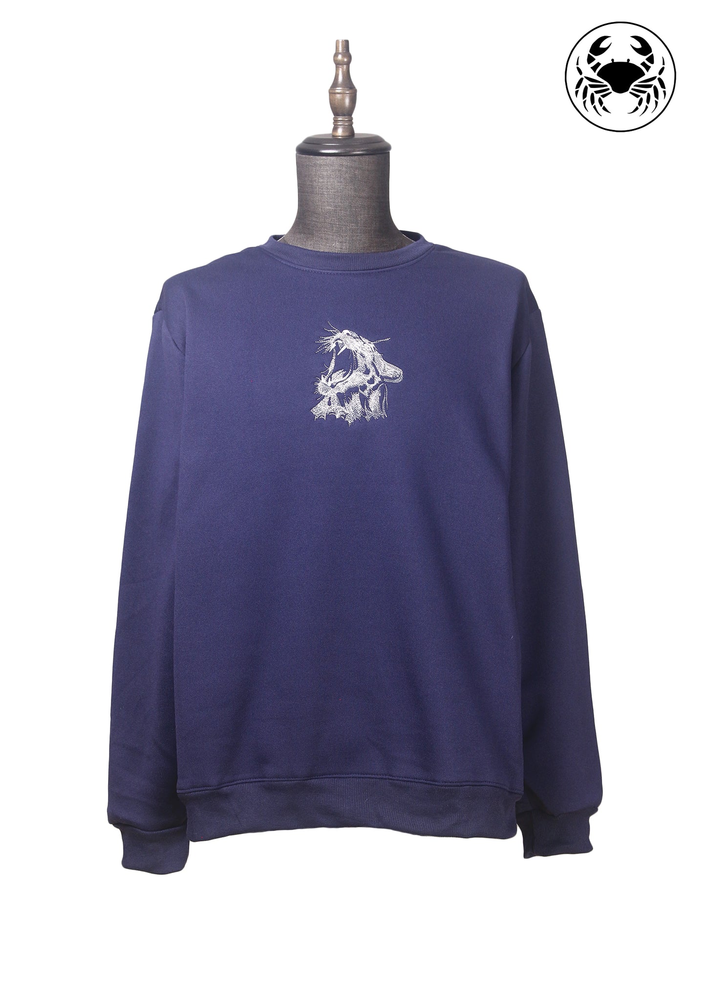 Dark blue unisex sweatshirt with roaring cat design on the chest, featuring a crew neckline and ribbed cuffs and hem