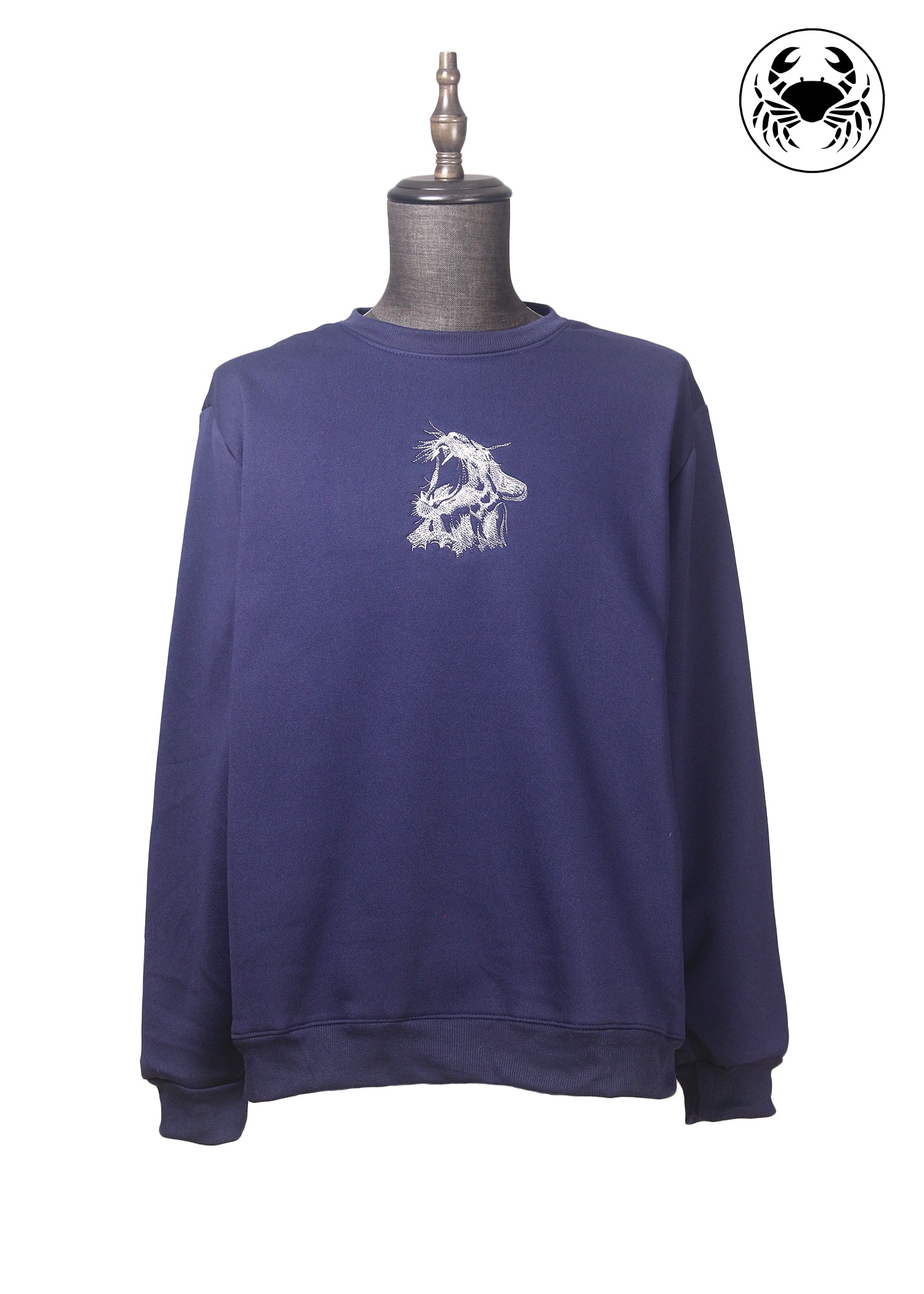 Dark blue unisex sweatshirt with roaring cat design on the chest, featuring a crew neckline and ribbed cuffs and hem