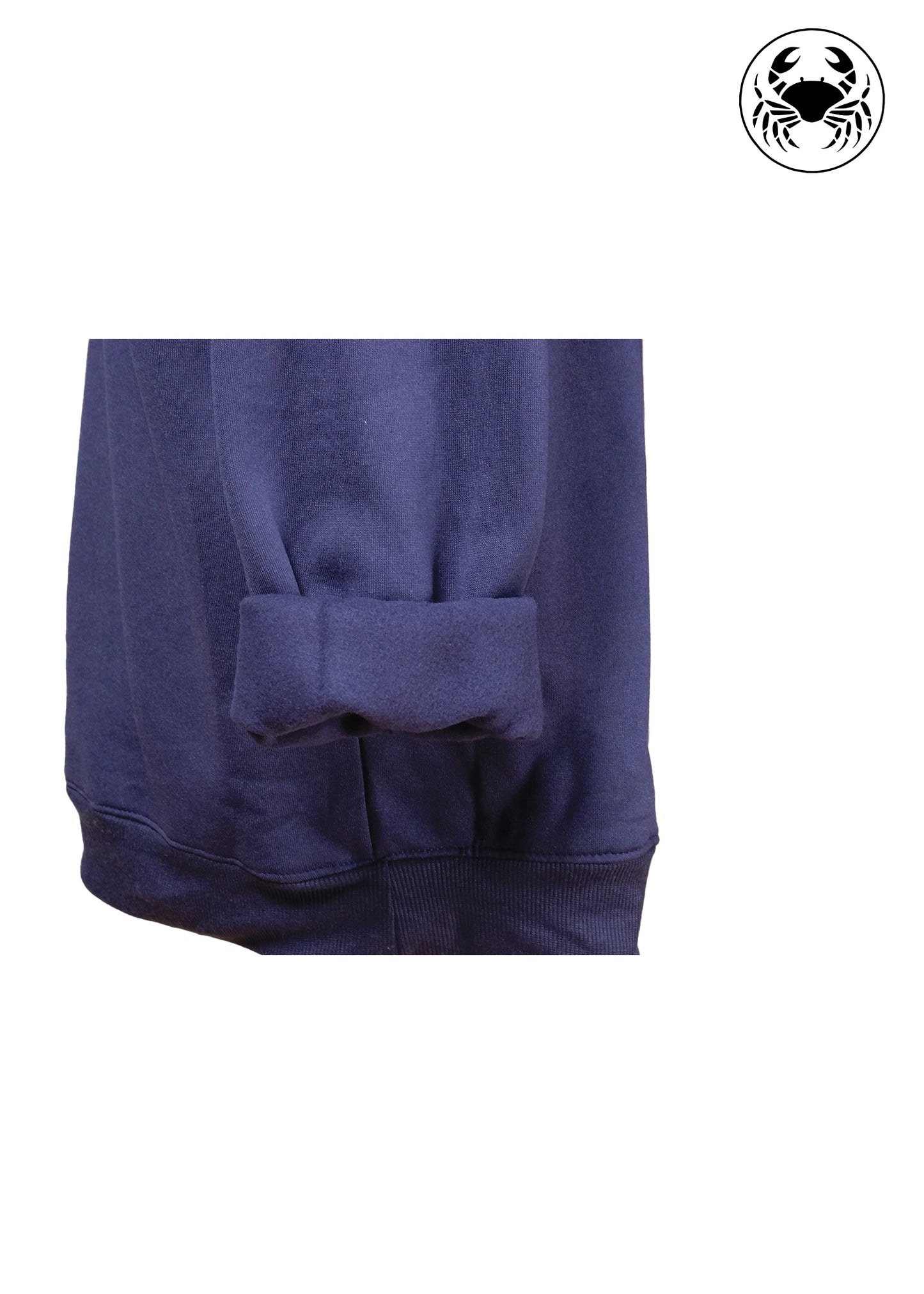 closeup view of fleece fabric of Dark blue unisex sweatshirt with abstract graphic design on the chest