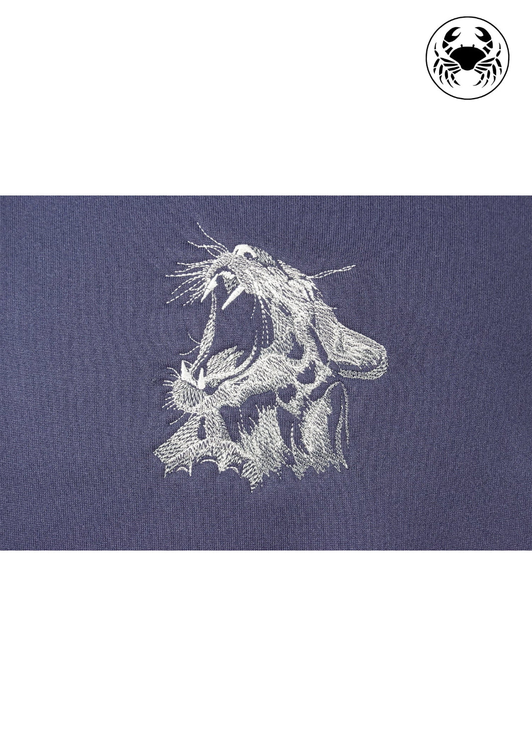 Dark blue unisex sweatshirt with roaring cat design on the chest, featuring a crew neckline and ribbed cuffs and hem