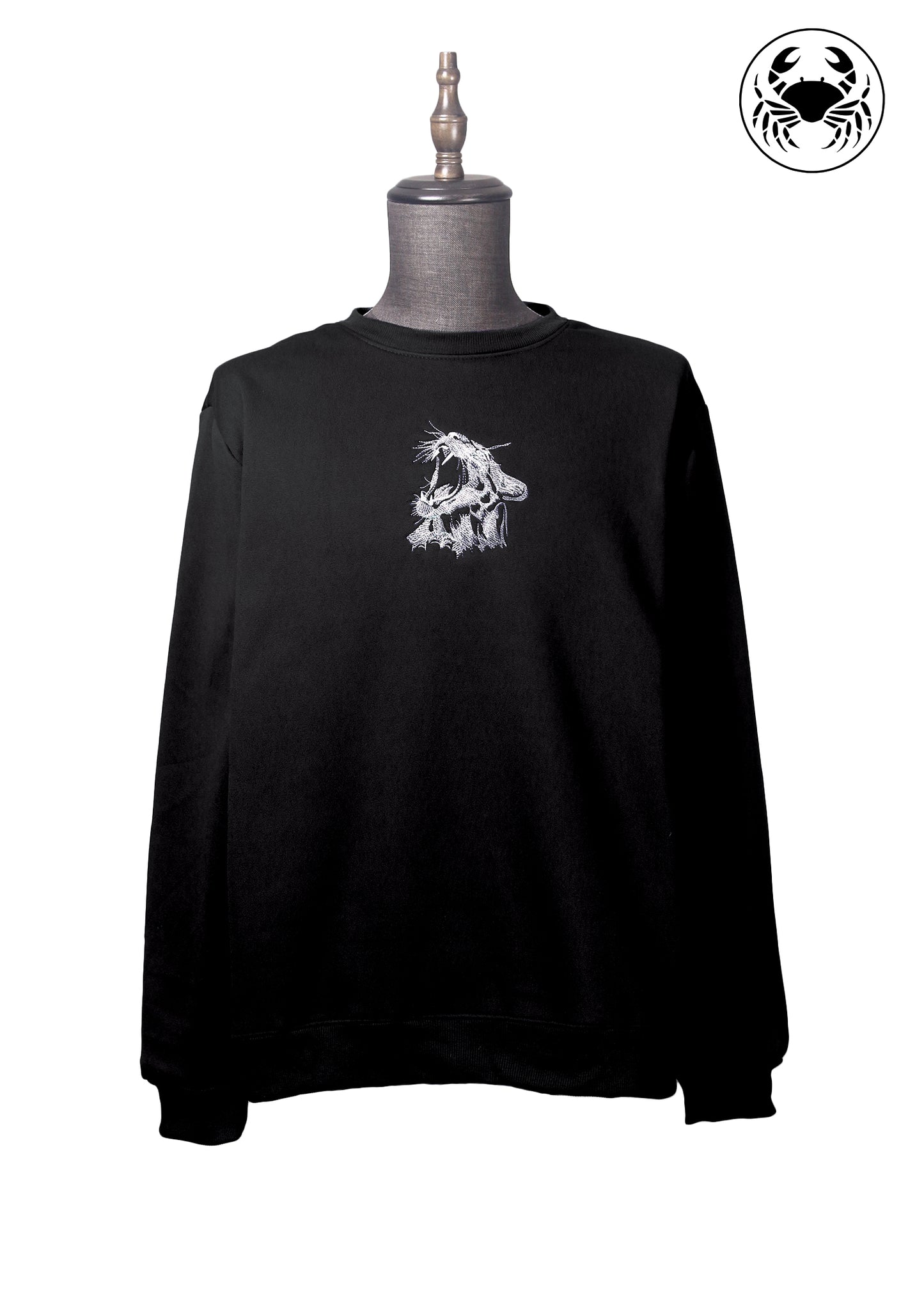 Black unisex sweatshirt with roaring cat graphic design on the chest, featuring a crew neckline and ribbed cuffs and hem