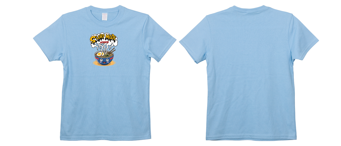 Front and back view of a light blue adult-sized t-shirt with a cartoon ramen bowl and “Slurp Mode Activated” text printed on the front.