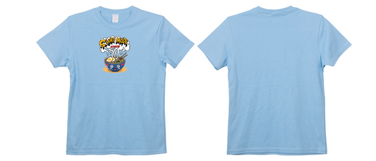 Front and back view of a light blue adult-sized t-shirt with a cartoon ramen bowl and “Slurp Mode Activated” text printed on the front.