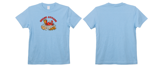 Light blue t-shirt featuring a cartoon crab surrounded by snacks like pizza, fries, and popcorn with "Snack Attack" text above.