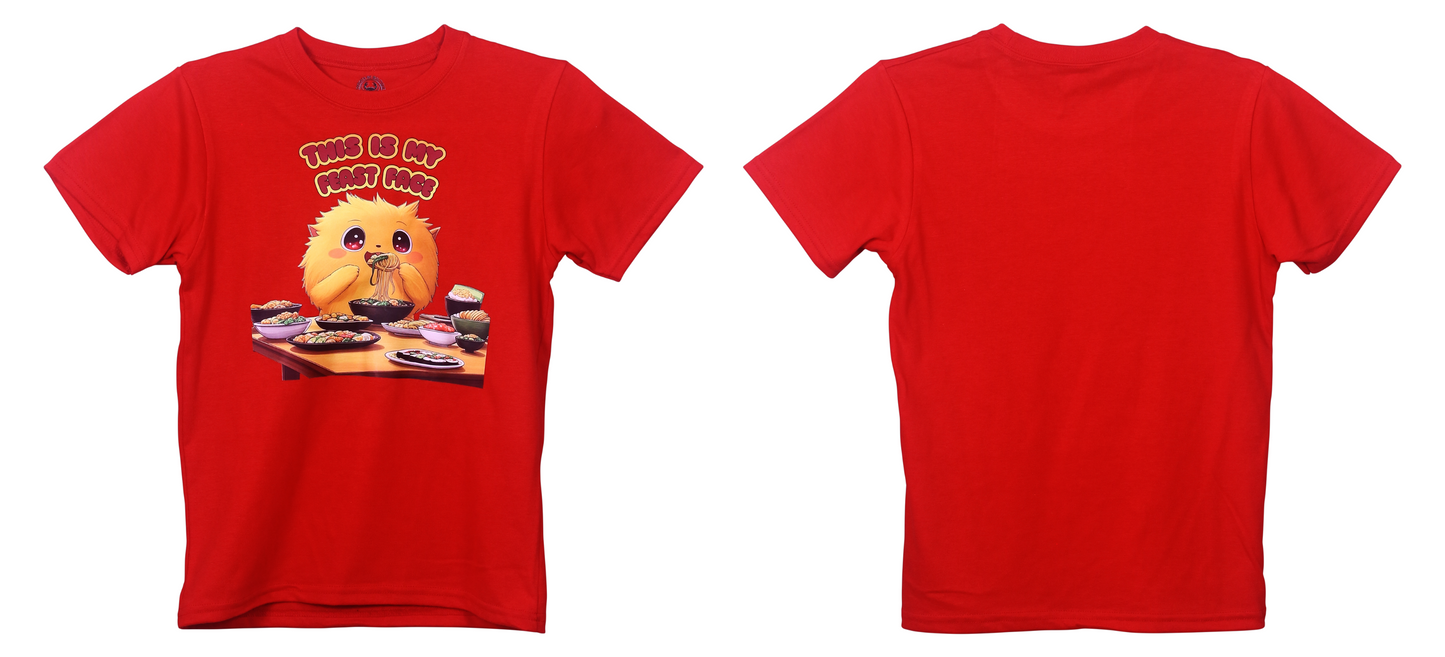 Red kids t-shirt featuring a fluffy cartoon character eating noodles with “This Is My Feast Face” text and various food dishes on the table.