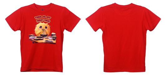 Red kids t-shirt featuring a fluffy cartoon character eating noodles with “This Is My Feast Face” text and various food dishes on the table.